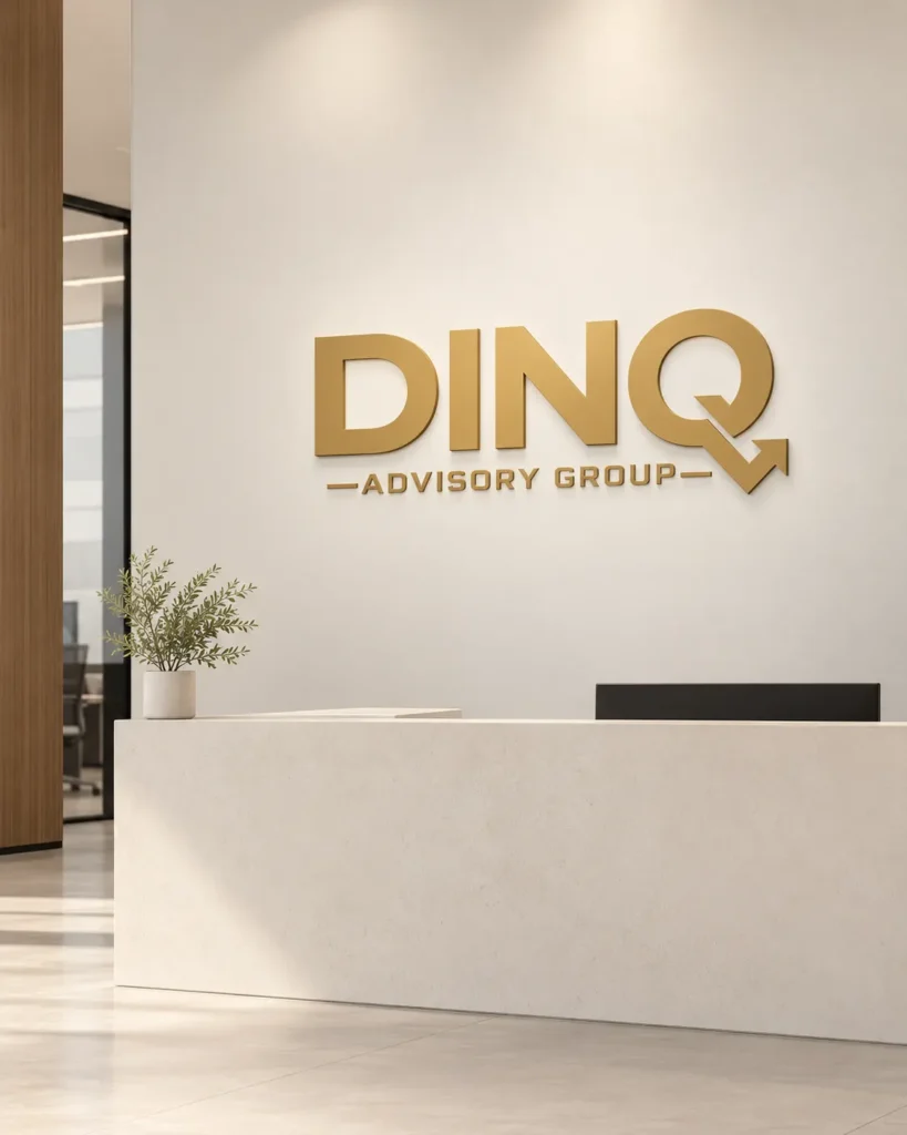 DINQ Advisory Group logo on a reception wall