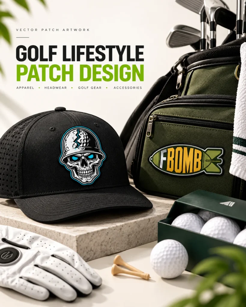 Golf skull patch on a cap next to a golf bag