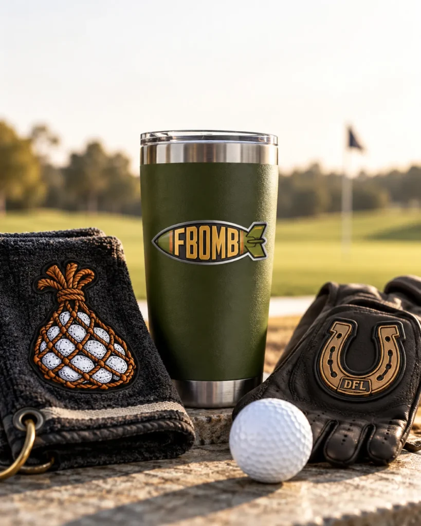 Golf patch on a tumbler with towel and glove