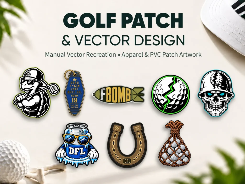 Eight golf patch designs on one sheet