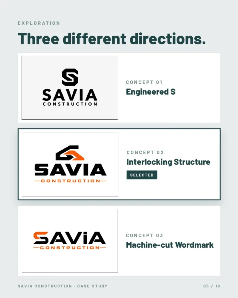 Savia Construction three logo concepts