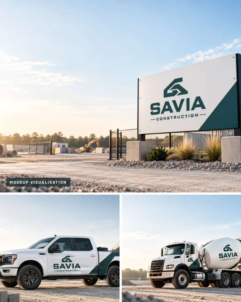 Savia Construction logo on signage and fleet