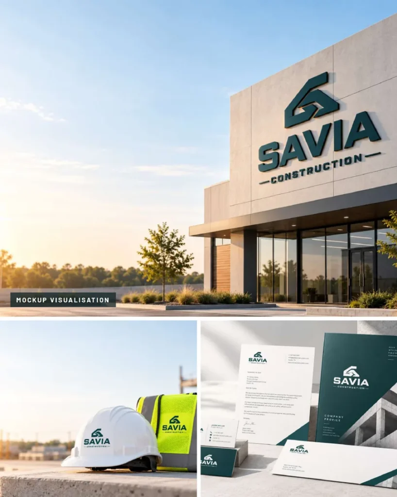Savia Construction logo on building, hard hat and stationery