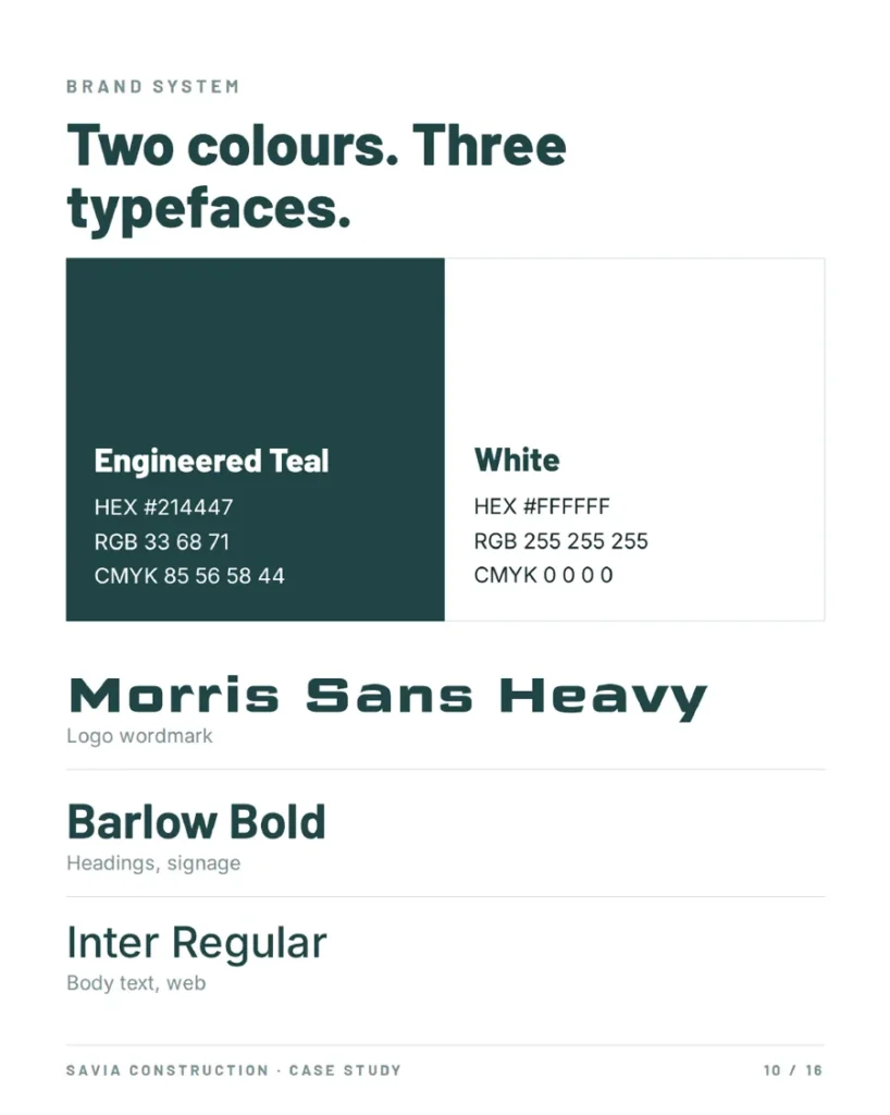 Savia Construction brand colours and typefaces