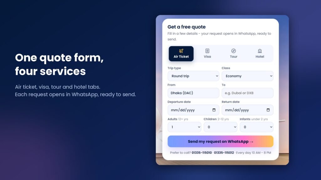 SkySaver Tourism quote form with ticket, visa, tour and hotel tabs
