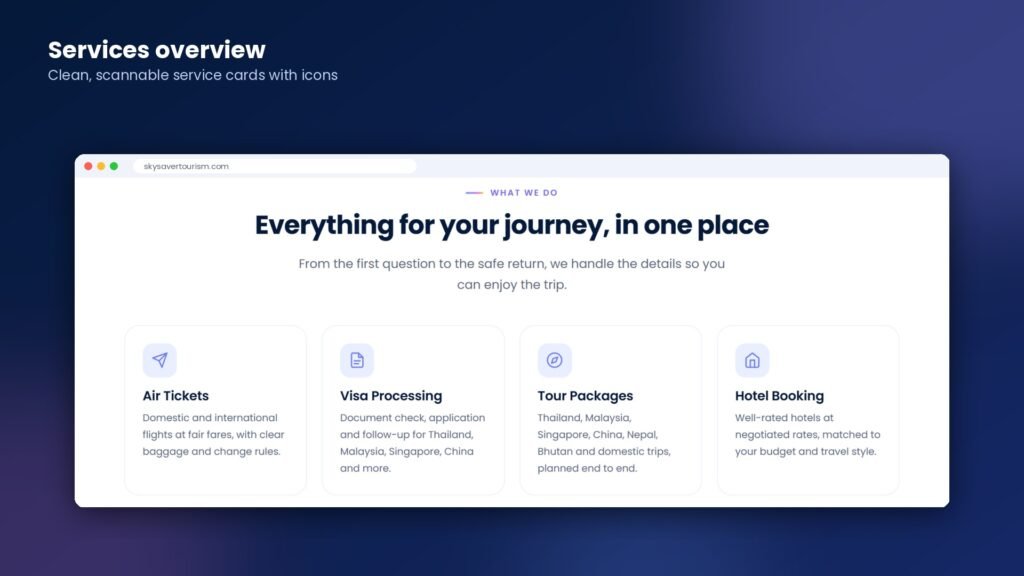 SkySaver Tourism website services overview